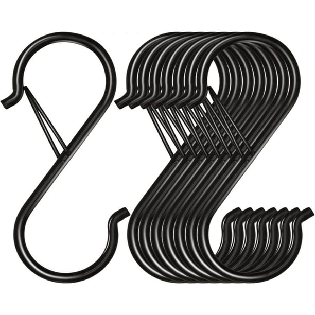 Paquete de 8 ganchos en forma de S para colgar, de 9 cm, de metal resistente con hebilla de seguridad, para colgar plantas, ropa, utensilios de cocina, ollas, sartenes y bolsos (negro)