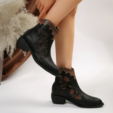 

XDDST Large Size Ankle Boots for Women Ankle-High Flat Ladies Retro Simple Solid Color Comfortable Heel Mid Calf Pointed Toe Large Size Western Boots Ankle Boots Short Boots Black
