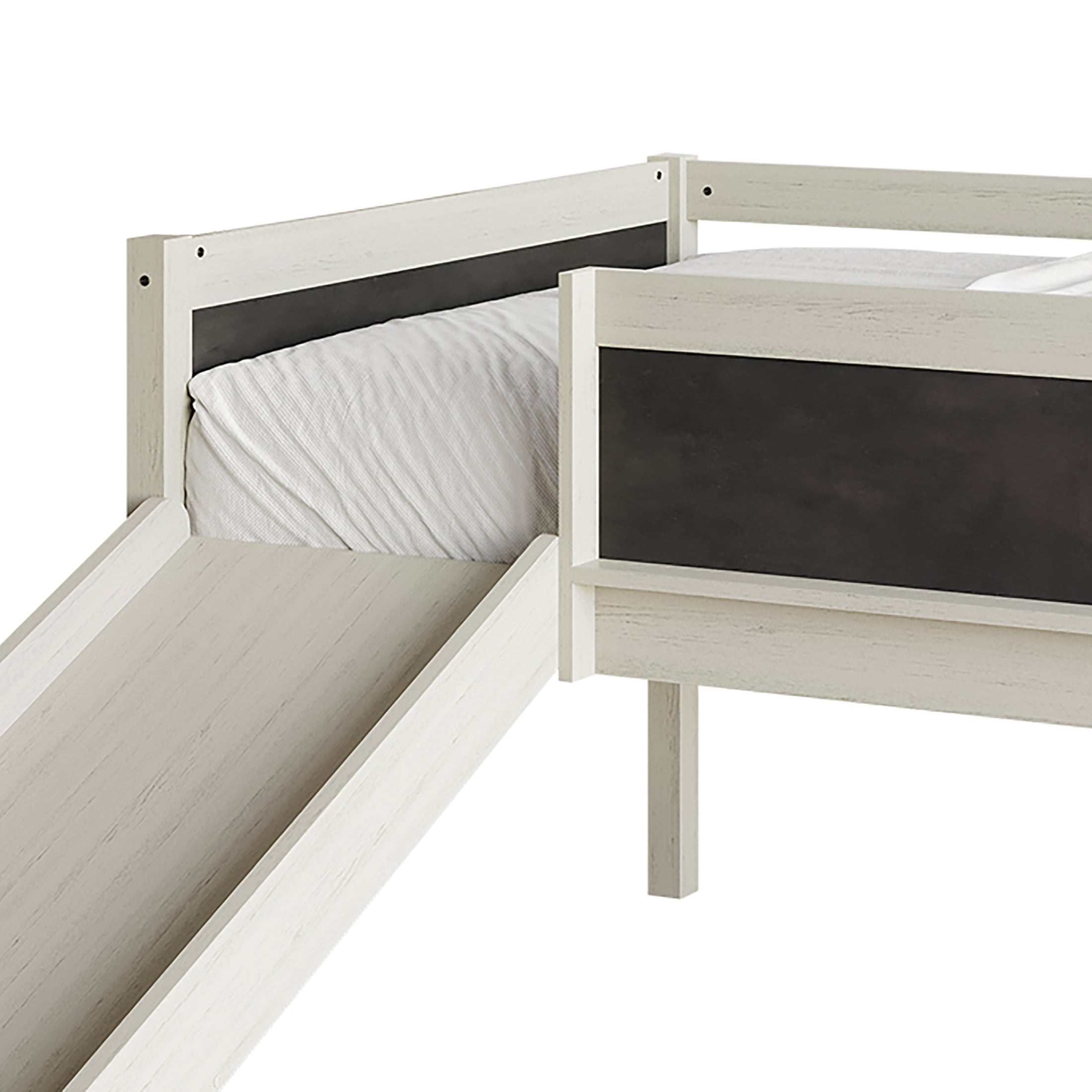 Castle Place Wooden Twin Junior Loft Bed with Chalkboard and Slide, Antique Grey