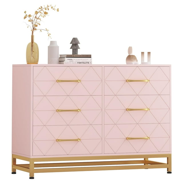 TROPOW Commodes et Chiffonniers, Commode à 6 Tiroirs pour Chambre, Meuble Télé Commodes Chiffonnier pour Salon Couloir Entrée, Rose
