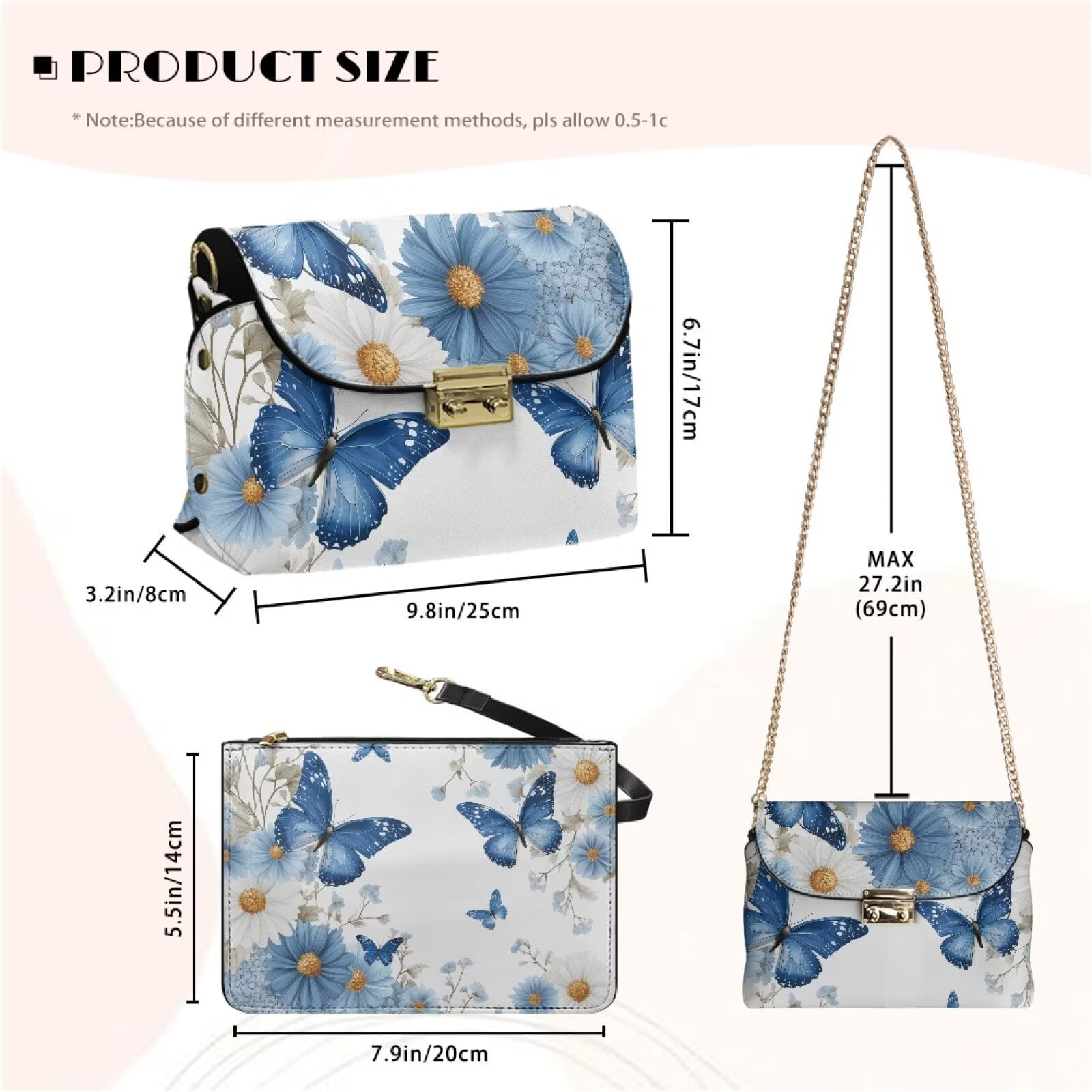 Pzuqiu Butterfly Flower Crossbody Bags for Women Leather Exquisite Trendy Women Leather Crossbody Bag with Chain Craftsmanship Practical Fashion for Daily Life