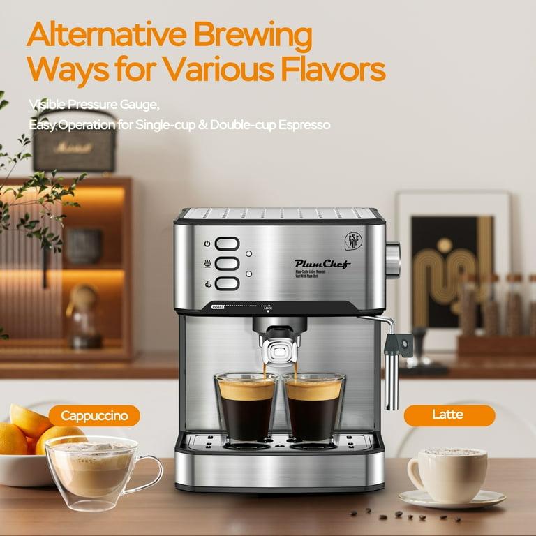 Plum Chef Espresso Machine 20 Bar Coffee Maker with Foaming Milk Frother Wand Espresso Cappuccino Latte Maker Coffee Machine 850W 1.6L Removable Water Tank Black Silver Shop 2024 Deals Walmart