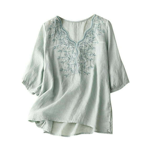 Pincandy Women Spring Summer and Linen Loose New Half-sleeve Blouse Pullover Floral Embroidery Linen Shirts 3/4 Sleeve Round Neck Babydoll Tops Blouses,Green,2XL