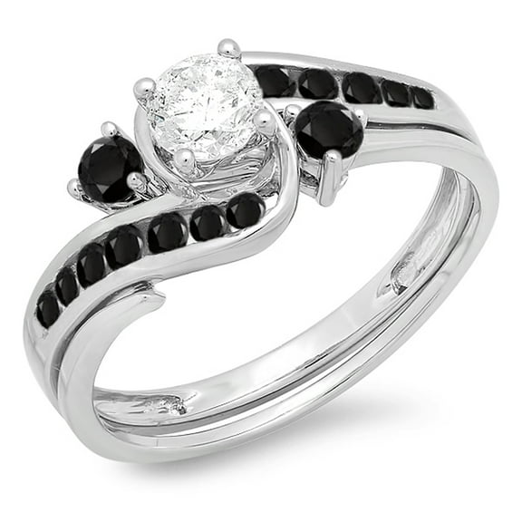 Dazzlingrock Collection 0.90 Carat (ctw) 10k Round Black And White Diamond Ladies Swirl Bridal Engagement Ring Matching Band Set, White Gold, Size 9