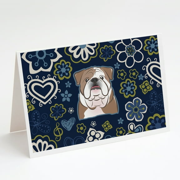 Caroline's Treasures Blue Flowers English Bulldog Greeting Cards with Envelopes, 5" x 7" (8 Count)
