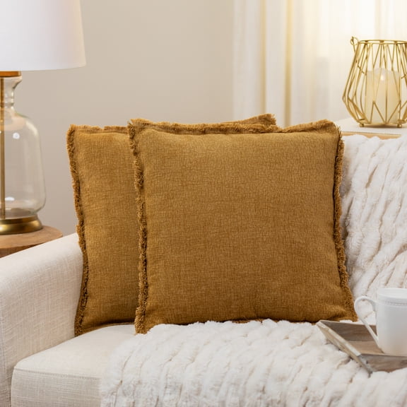 Northlight Thick Cotton Square Fringed Throw Pillows - 17" x 17" - Ochre Yellow - Set of 2