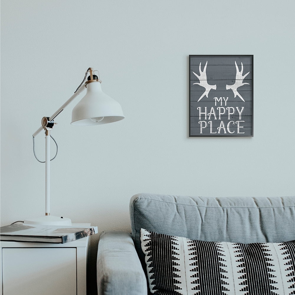 Stupell Industries Rustic My Happy Place Large Elk Antlers Black Framed by Kim Allen