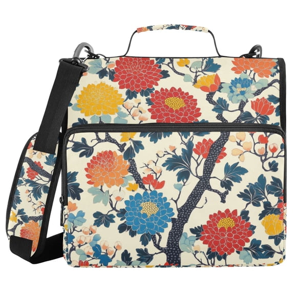 FORMRS Zipper Binder with Shoulder Strap 2-inch Ring 500 Sheet Capacity File Bag, Vibrant Japanese Flowers