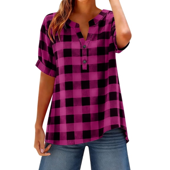 Ruimatai Women's Casual V-Neck Checkered Button-Up Shirt Loose Fit Short Sleeve Blouse for Summer