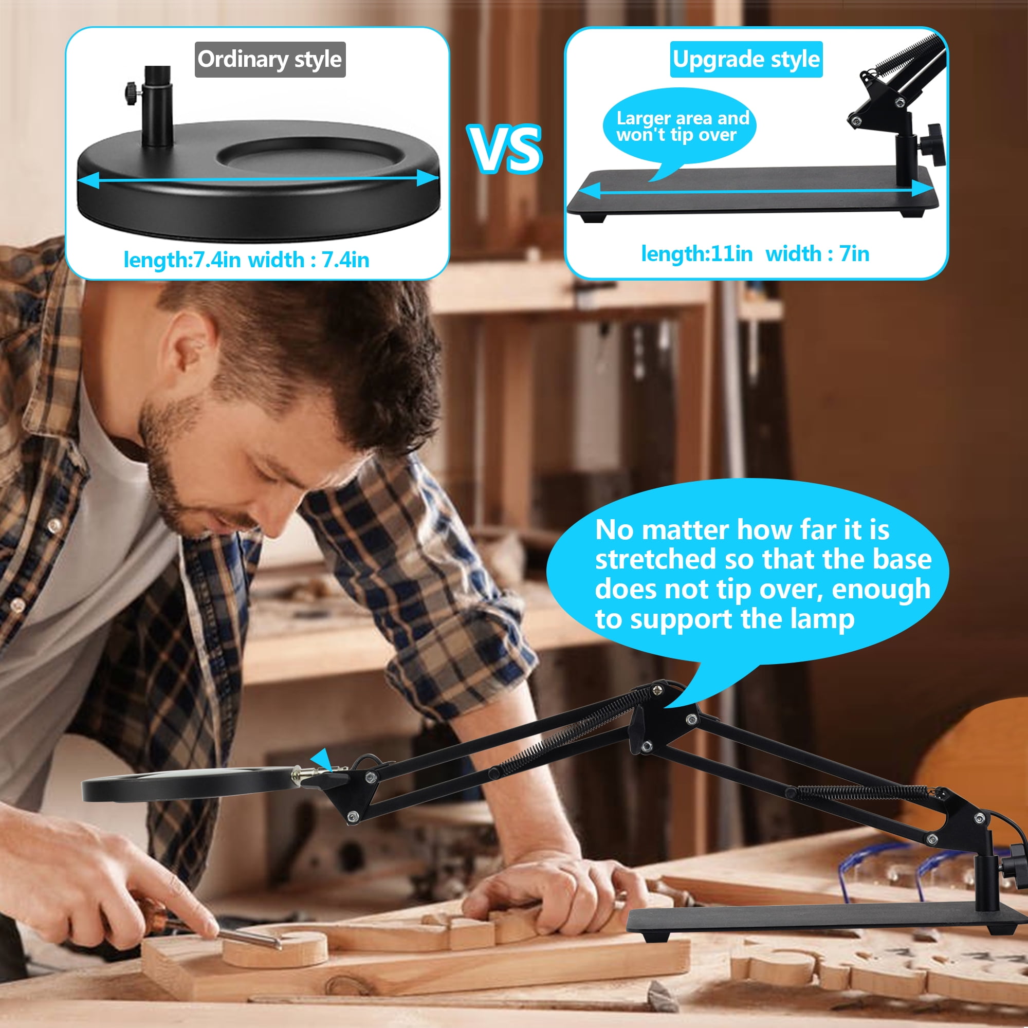 KIRKAS Magnifying Glass with Light and Stand, Real Glass 2-in-1Anti-Tipping Base & Clamp Magnifying Lamp, 3 Color Modes Stepless Dimmable, LED Lighted Magnifier with Light for Hobby Reading Craft
