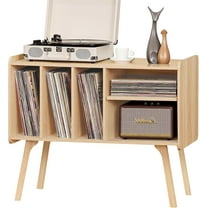 Record Player Stand with Charging Station Holds Up to 220 Albums, Large Turntable Stand with 4 Cabinet, Mid-Century Record Player Table for Bedroom Living Room, Natural Wood