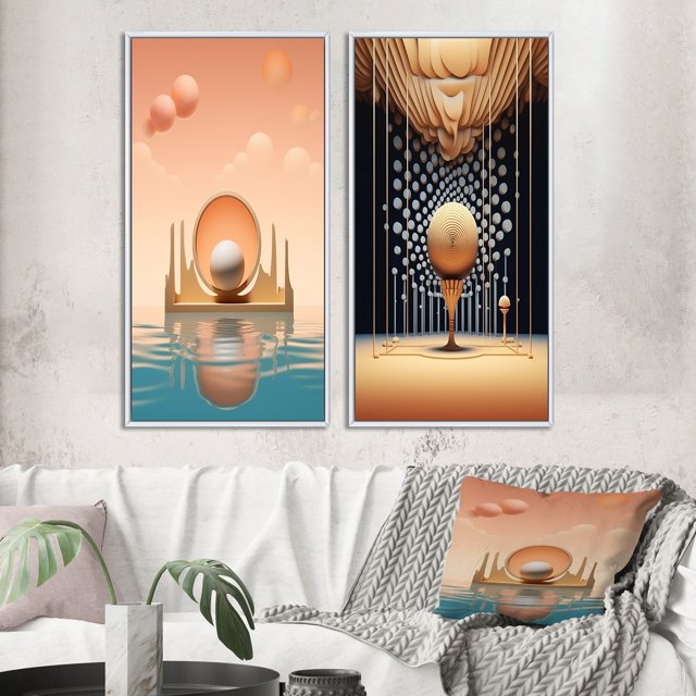 Designart "Graphic Futurism Retro Architectural Bliss IV" Abstract Landscape Framed Wall Art Set Of 2 - Modern Pink Framed Canvas Set For Living Room Decor