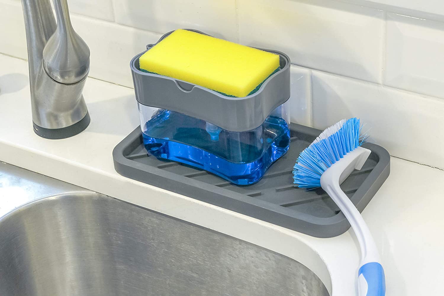 ROXTAK Soap Pump Dispenser and Sponge Dish Sponge Holder Kitchen Sink Dish Washing Soap Dispenser 13 Ounces