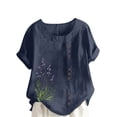 thumbnail image 2 of Womens Plus Size Cotton Linen Button Shirts Dressy Casual Short Sleeve Round Neck Tops Summer Trendy Floral Print Relax Fit Blouse, 2 of 5