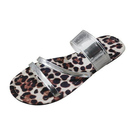 

Quealent Adult Women Sandal Jelly Sandals for Women Ladies Fashion Summer Thin Strap Combination Leopard Print Flat Quilted Slides Sandals for Women Silver 8.5