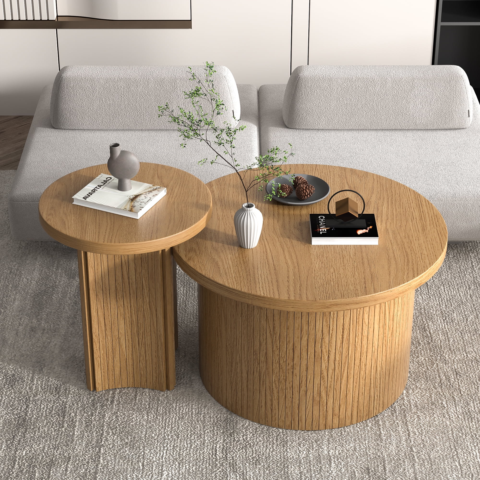 OUBAYAJIA Nesting Coffee Table Set of 2, Round Table, Modern Wooden Coffee Table End Side Table for Living Room Bedroom Balcony