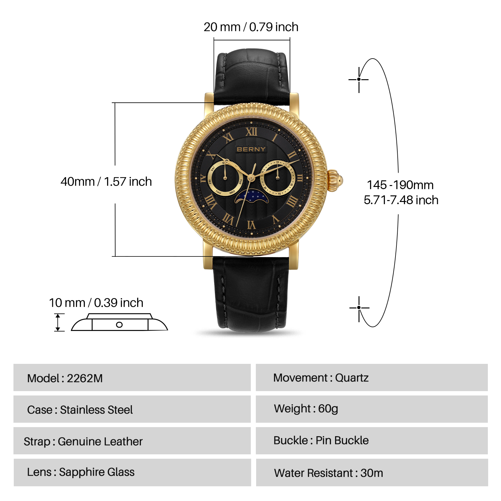 BERNY Mens Leather Watch, Vintage Roman Numerals Moon Phase Dress Watch with Day & Date, Stainless Steel, Sapphire Crystal, Waterproof, Fashion Luxury Analog Quartz Wrist Watches for Men (Gold)
