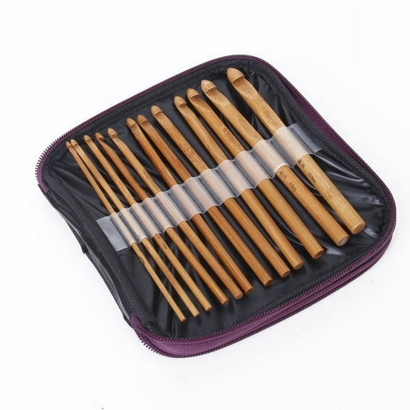 20pcs Professional Bamboo Crochet Hooks Knitting Needles in Different Sizes with Purple PU Case