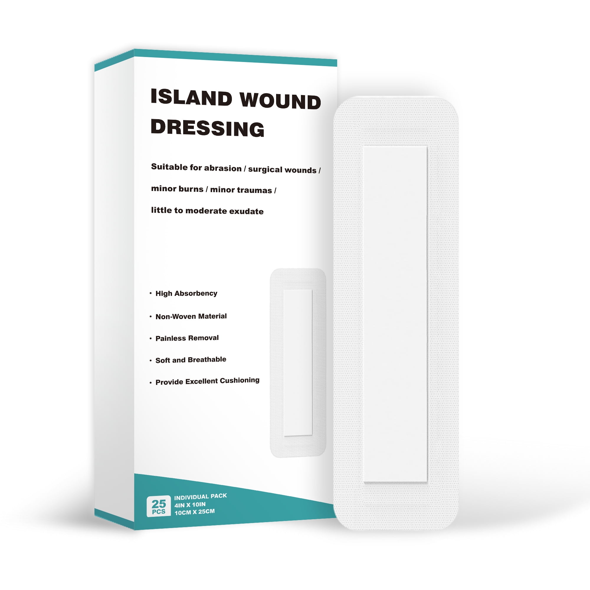 Island Dressing 4"x10", 25 Individual Pack, Non-woven Bordered Gauze Pads, Non-Stick Pad in Center with Adhesive Border, Highly Absorbent Bandages for Wounds, First Aid, Ultra Soft and Breathabl