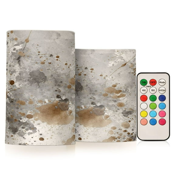 Set of 2 Flameless Candles Lights with Remote Control Flickering LED Candles Electric Candles for Home Decor Parties Brown Paint Splatters Pattern