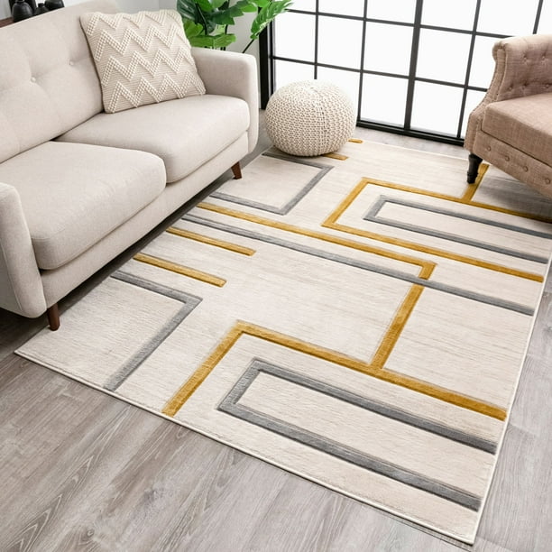 Well Woven Fiora Gold Modern Geometric Stripes & Boxes Pattern Area Rug