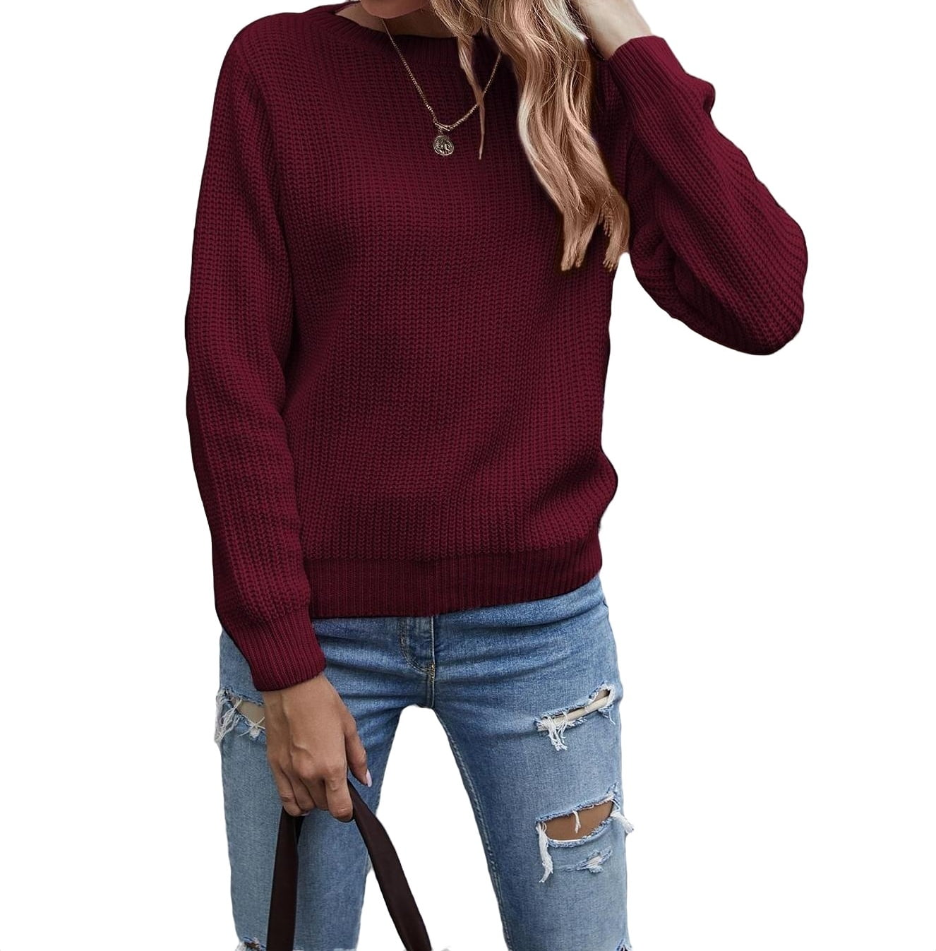 Womens Sweaters Casual Plain Round Neck Pullovers Maroon L