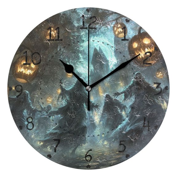Halloween Ghosts and Pumpkin Lights Round Wall Clock Silent Battery Operated Home Decor for Living Room Bedroom