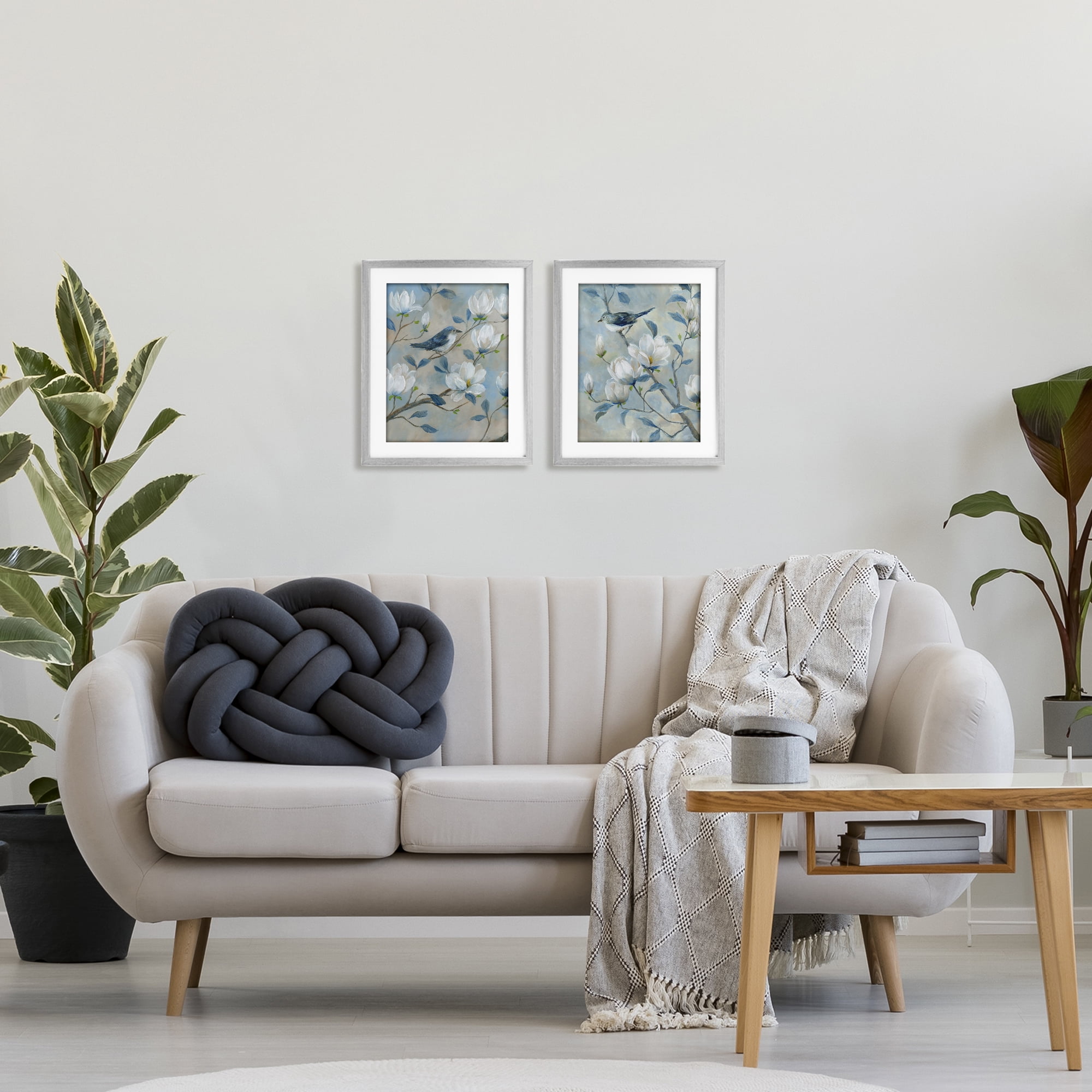 Stupell Industries Blue Birds in Magnolia Tree 2 Piece Gray Framed Print Under Glass Set, design by Nan