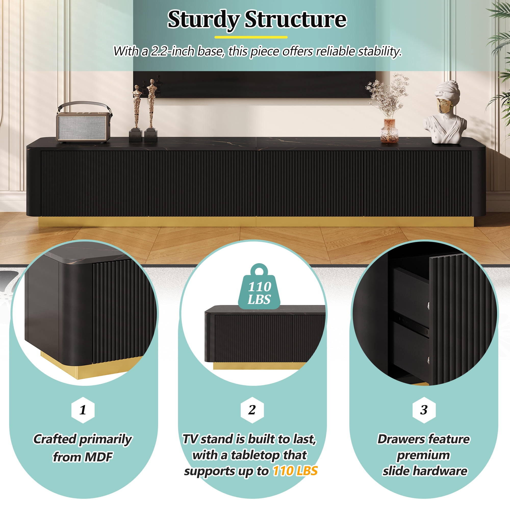 Harper & Bright Designs Fluted TV Stand for 85 inch TV with Gold Base, Modern Media Console with 4 Drawers, Entertainment Center with Curved Profile Design for Living room, Black
