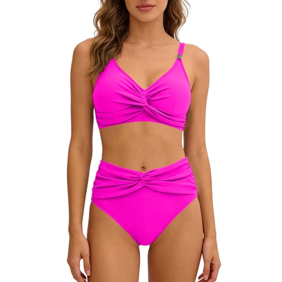 Moxiu Women's High Waisted Bikini Set V Neck Cross Twist Front Two Piece Swimsuit Tummy Control Bathing Suit Hot Pink,XXL