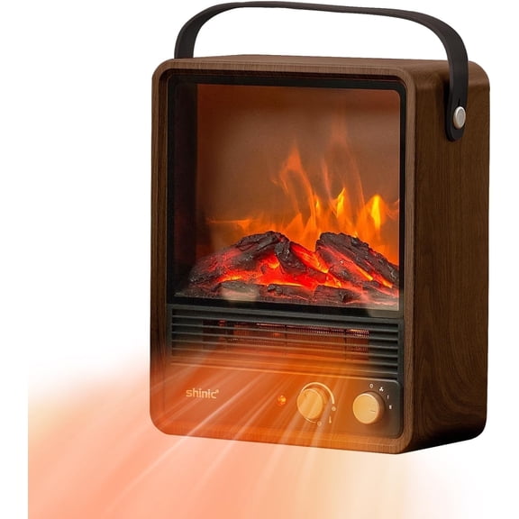 Shinic 1500W  Electric Portable Fireplace Heater, with Realistic Flame & Fire Crackling Sound, Walnut