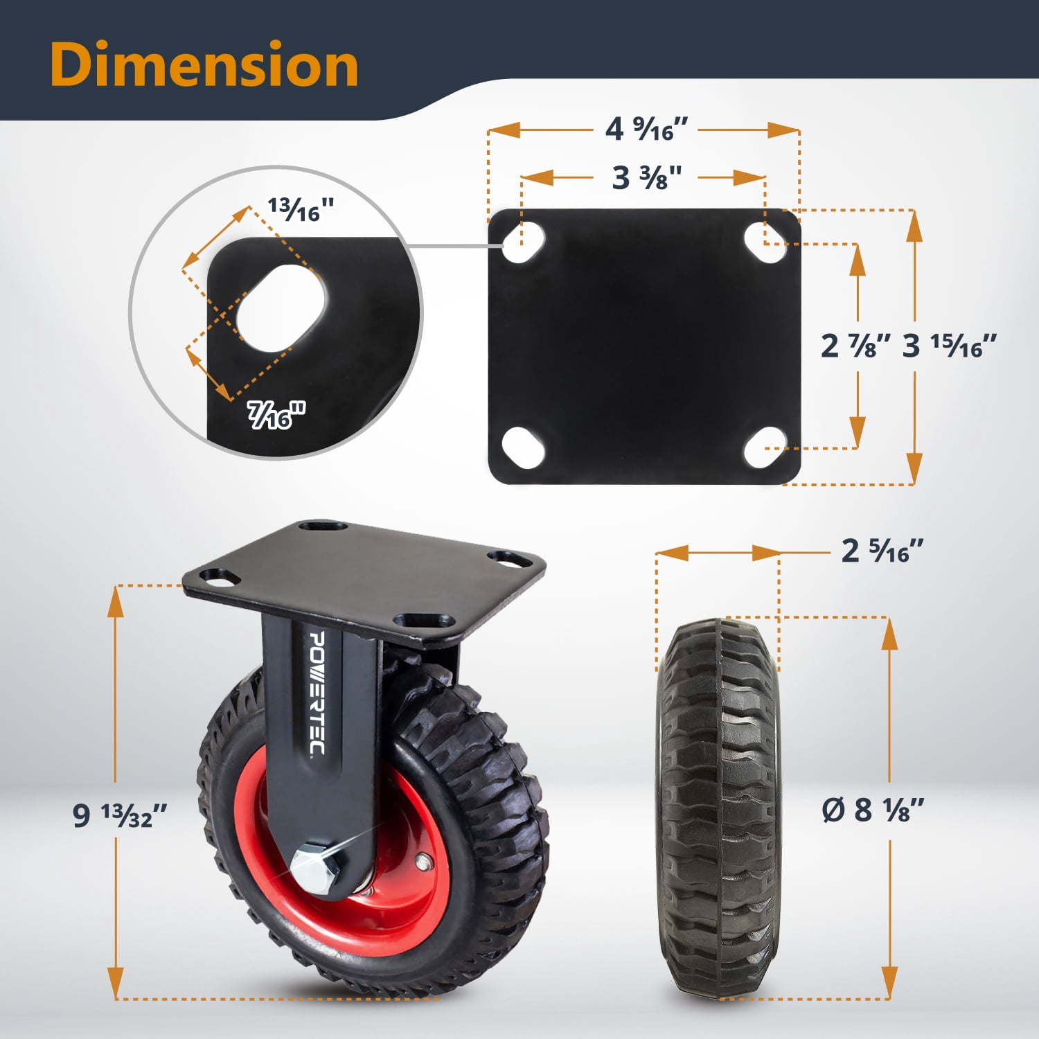 POWERTEC 8-Inch Caster Wheels, Heavy Duty Fixed Plate Casters with Rubber Knobby Tread for Workbench, Dolly, Cart, Trolley, Wagon and Chicken Coop, Large Rubber Castor Wheels (17053)