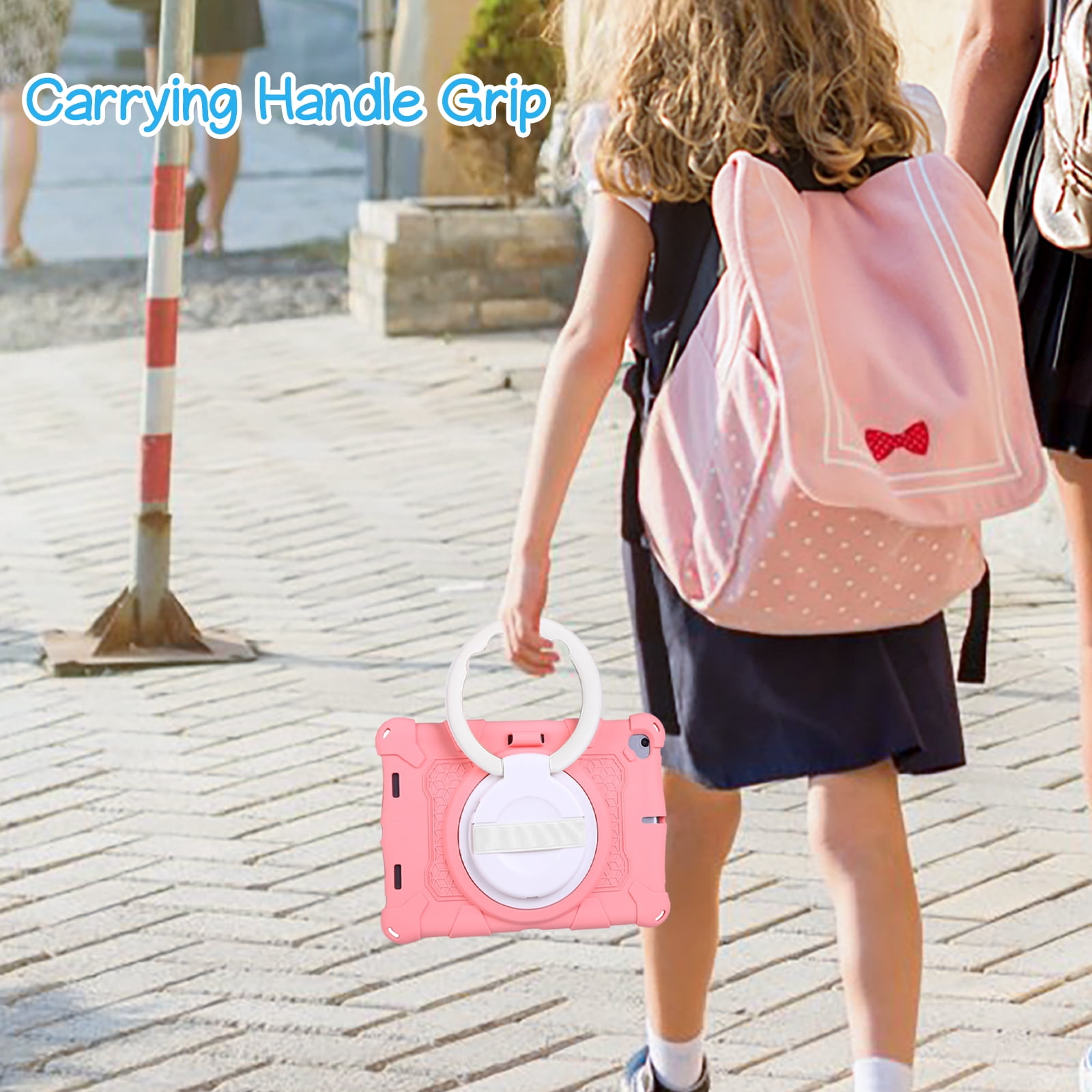 For iPad 6th 5th Generation Case, Soft Silicone Drop Protection Rotating Kickstand with Shoulder Strap Pencil Holder Kids Friendly Lightweight Case for iPad Air 1 2/ iPad 9.7" 2018/2017, Pink