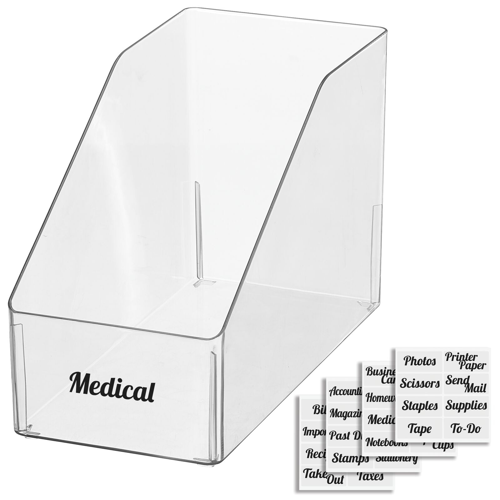 mDesign Plastic Slanted Open Front Home Office Storage Bin Container, Desk Organizer - Holds Gel Pens, Erasers, Tape, Pens, Pencils, Highlighters, Markers  - 6' Wide + 32 Adhesive Labels - Clear