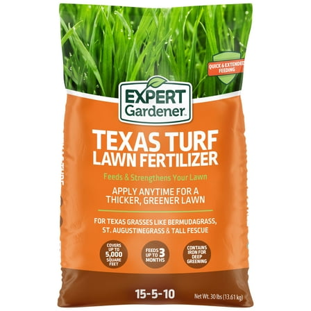 Expert Gardener Texas Turf Lawn Food Plus 2% Iron Fertilizer 15-5-10, 30.2 lb. - Covers 5,000 Sq. ft