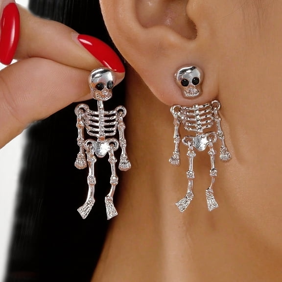 Halloween Movable Skeleton Dangle Earrings, Silver‑Tone Full Body Skull Skeleton Drop Earrings, Gothic Halloween Cosplay Costume Party Jewelry Accessory