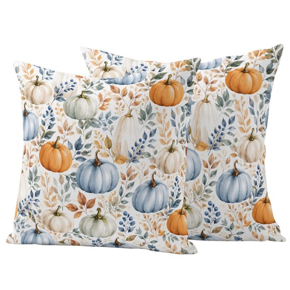 Orange Blue Pumpkin Fall Outdoor Waterproof Pillow Covers, Thanksgiving Botanical Leaves Decorative Square Throw Pillowcase Sofa Cushion Sham for Patio/Couch/Chair, 18"x18" 2 Pack