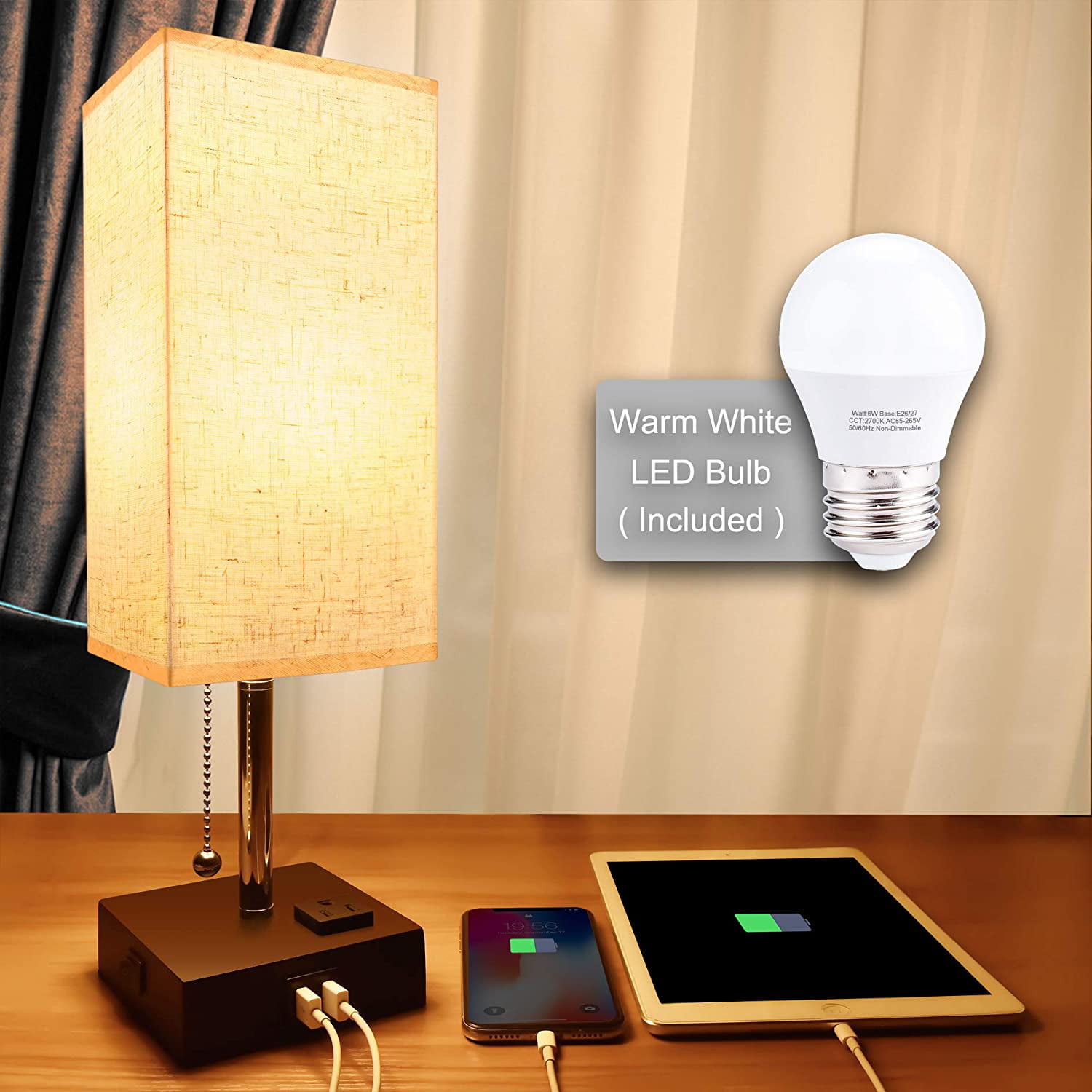Solid Wood Charging Light Minimalist Fabric LED Desk Lamp Includes E27 LED Bulb Warm White for Home Dinning Living Room and More B4U Bedroom Bedside Table Lamp with USB Port 