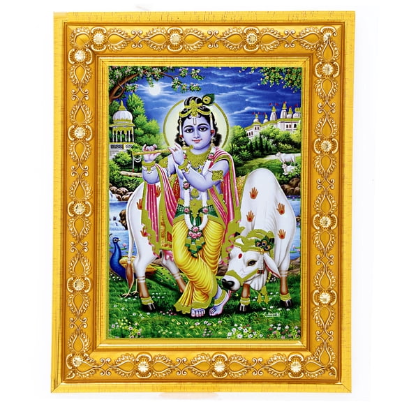 Bm Traders Bal Krishna With Cow Golden Art Work Colour Photo In Golden Wall Hanging-/-TableTop Frame (7.50 X 9.50 Inch) OR (19.05 X 24.13 Cm) Religious Gifting