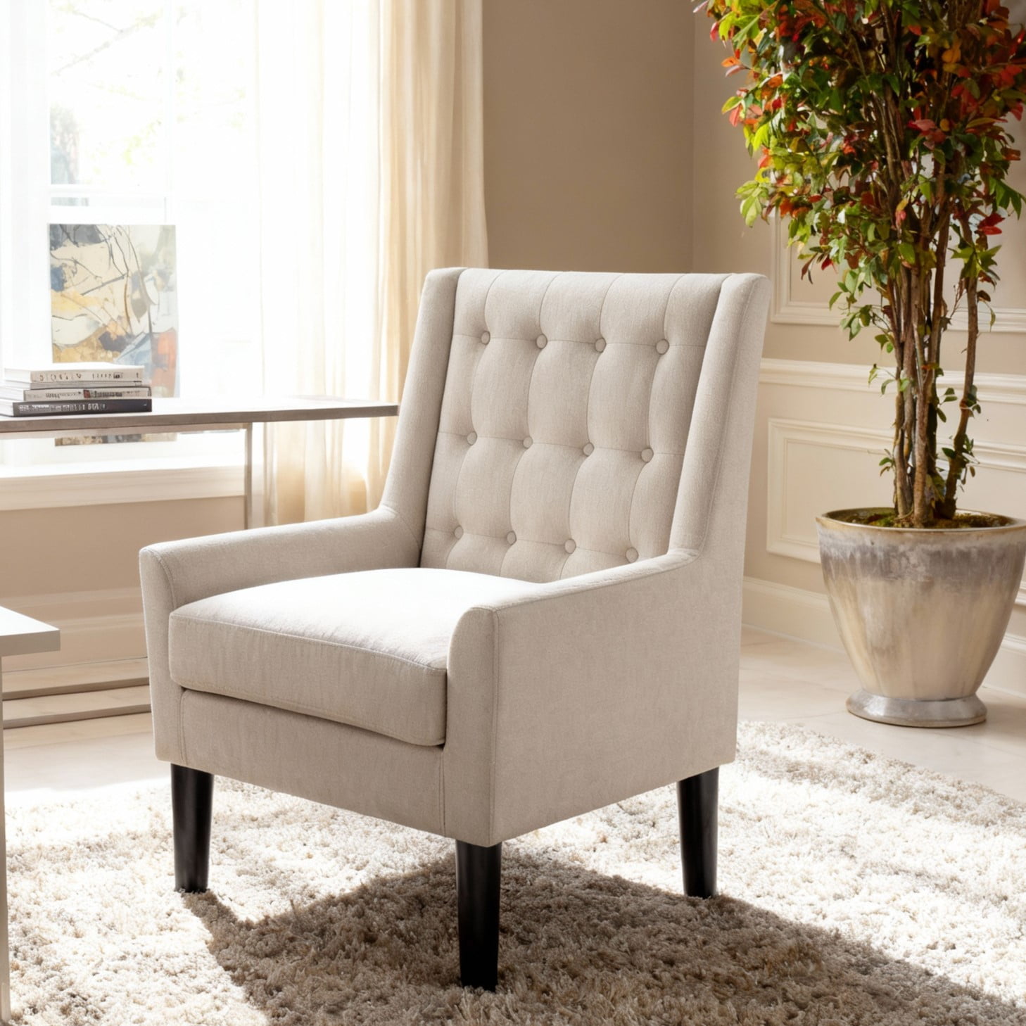 Gewnee Beige Velvet Tufted Wingback Accent Armchair Solid Rubberwood Legs for Living Room & Balcony