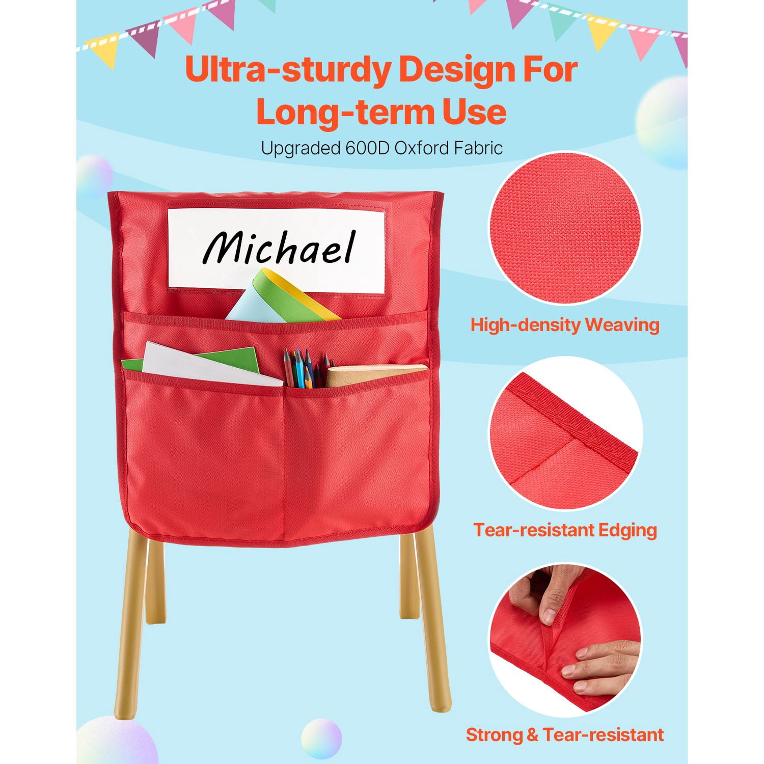 Chairback Pocket 24-Piece Colorful 18x20 Inch 600D Oxford for Grade 6-12 Classroom Organization