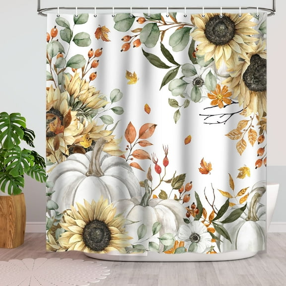 Autumn Shower Curtain, Pumpkin Sunflower Fall Themed Bathroom Decor FarmhouseThanksgiving Harvest Shower Curtains for Bathroom Fabric Bath Accessories 12 Pack Hooks 69x70inch