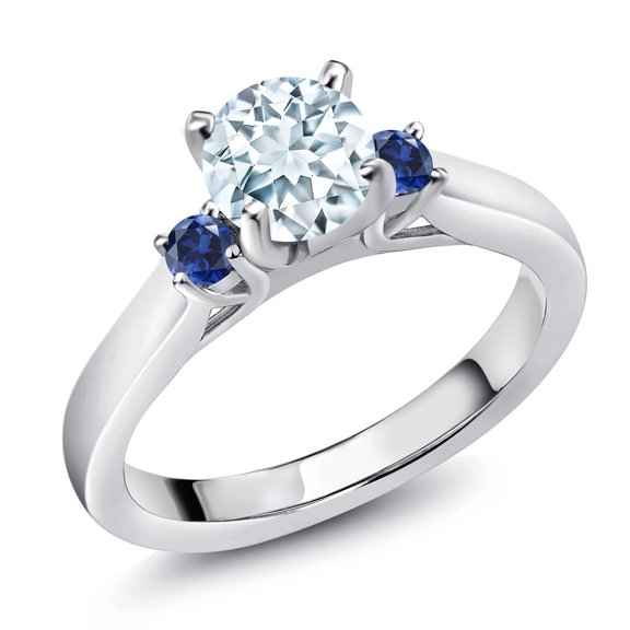Gem Stone King 925 Sterling Silver Sky Blue Aquamarine and Blue Created Sapphire 3-Stone Engagement Ring for Women (0.85 Cttw, Round 6MM, Gemstone March Birthstone, Size 5)