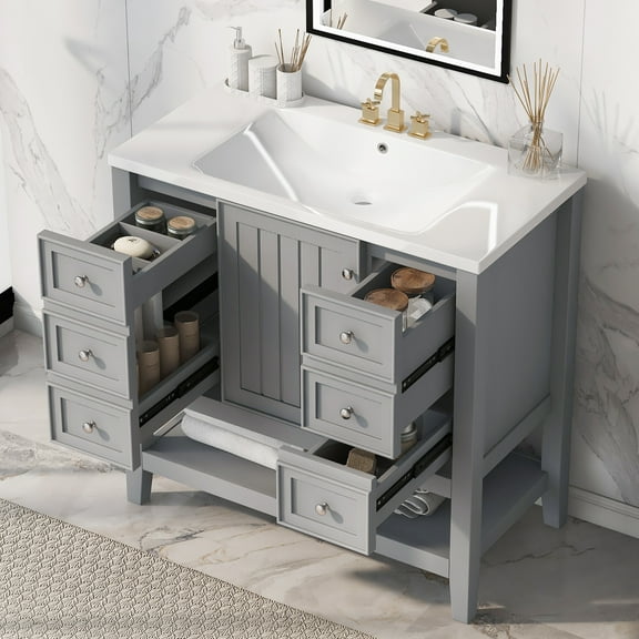Harper & Bright Designs 36" Bathroom Vanity with Sink Combo, Bathroom Cabinet with Ceramic Top and 3 Storage Drawers, Grey