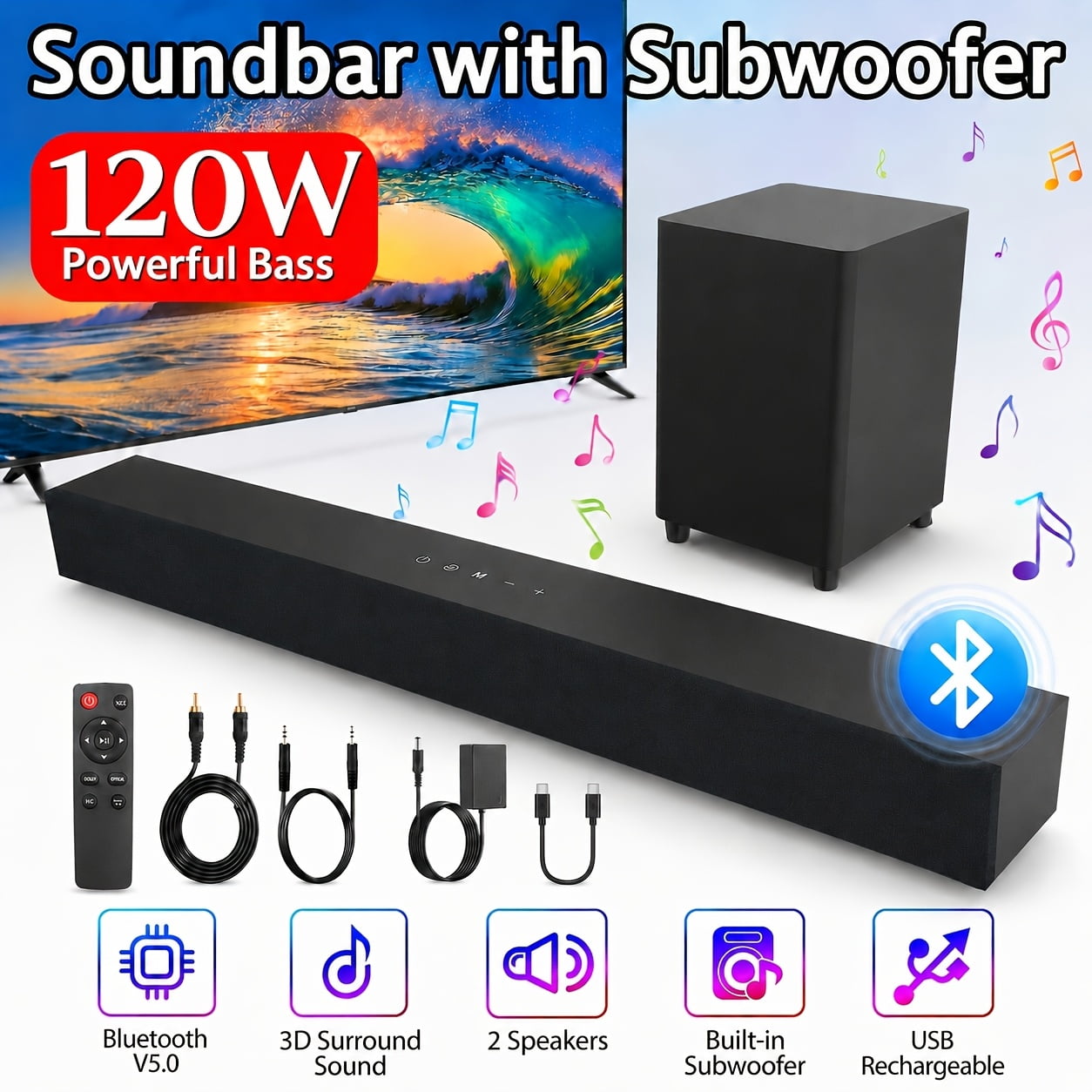 120W 2.1 Channel Soundbar with Subwoofer, Smart TV Sound Bars Bluetooth Surround Sound System Wireless Speaker for TV PC Home Theater, Support BT USB OPT COAX AUX MIC, 3 EQ Modes, with Remote Control