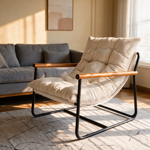 Modern Accent Chair with with Cushion , Comfy Upholstered Sherpa Reading Armchair with Wood Armrest & Sturdy Metal Frame ,for Living Room Bedroom