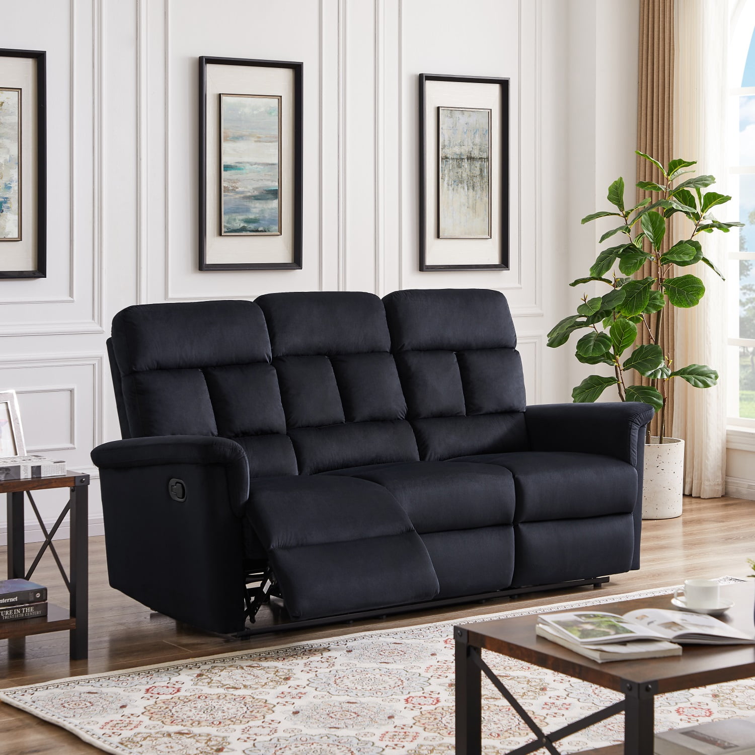 Kadyn 3-seater Relining Sofa, Modern Recliner Sofa for Living Room, Velvet Upholstered Sofa for Home, Black Kadyn 3-seater Relining Sofa, Modern Recliner Sofa for Living Room, Velvet Upholstered Sofa for Home, Black