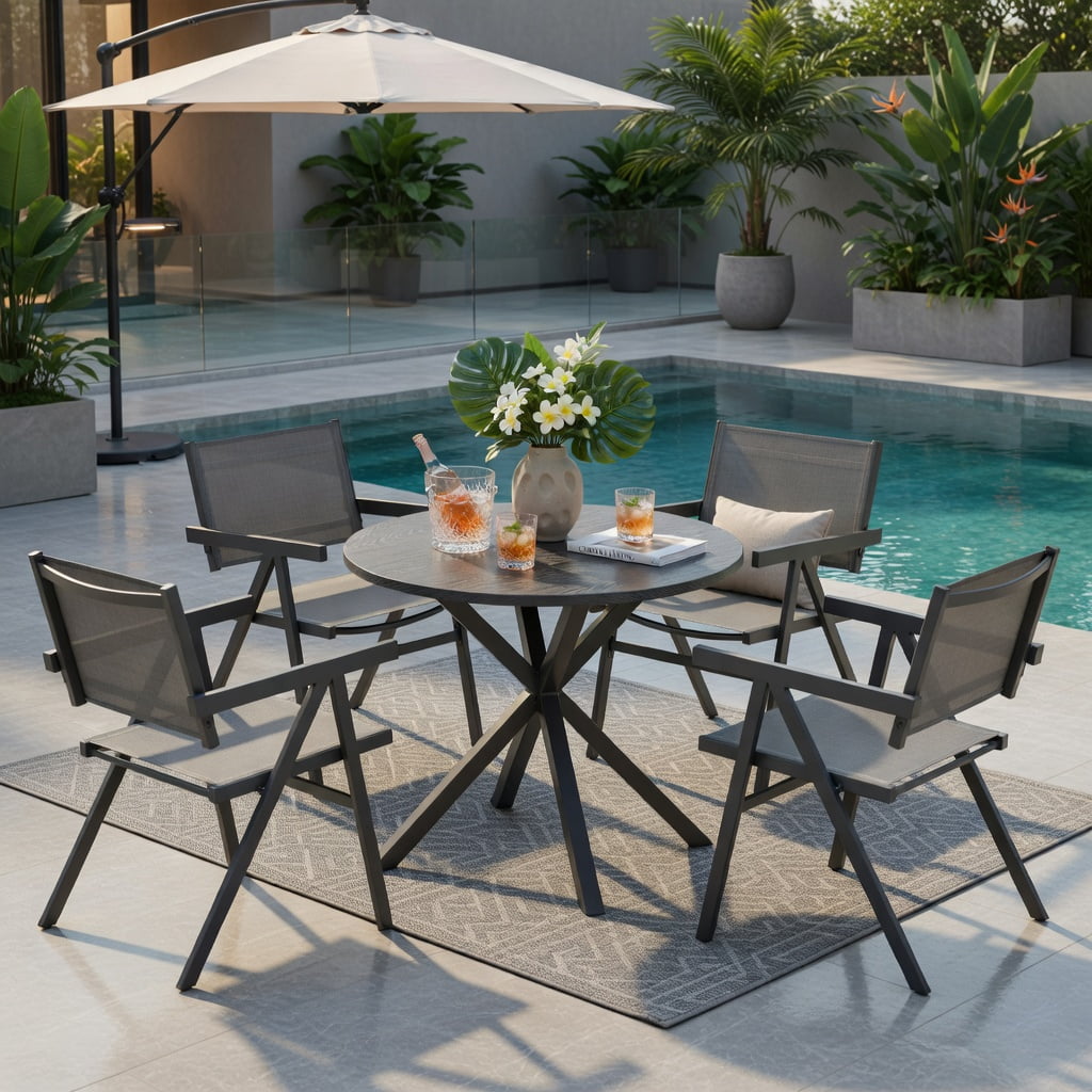 Hommoo 4-Pack Outdoor Patio Dining Chairs, Breathable Fabric Seat, Powder-Coated Metal Frame, Fade-Resistant & Ergonomic for Patio, Poolside & Backyard, Gray