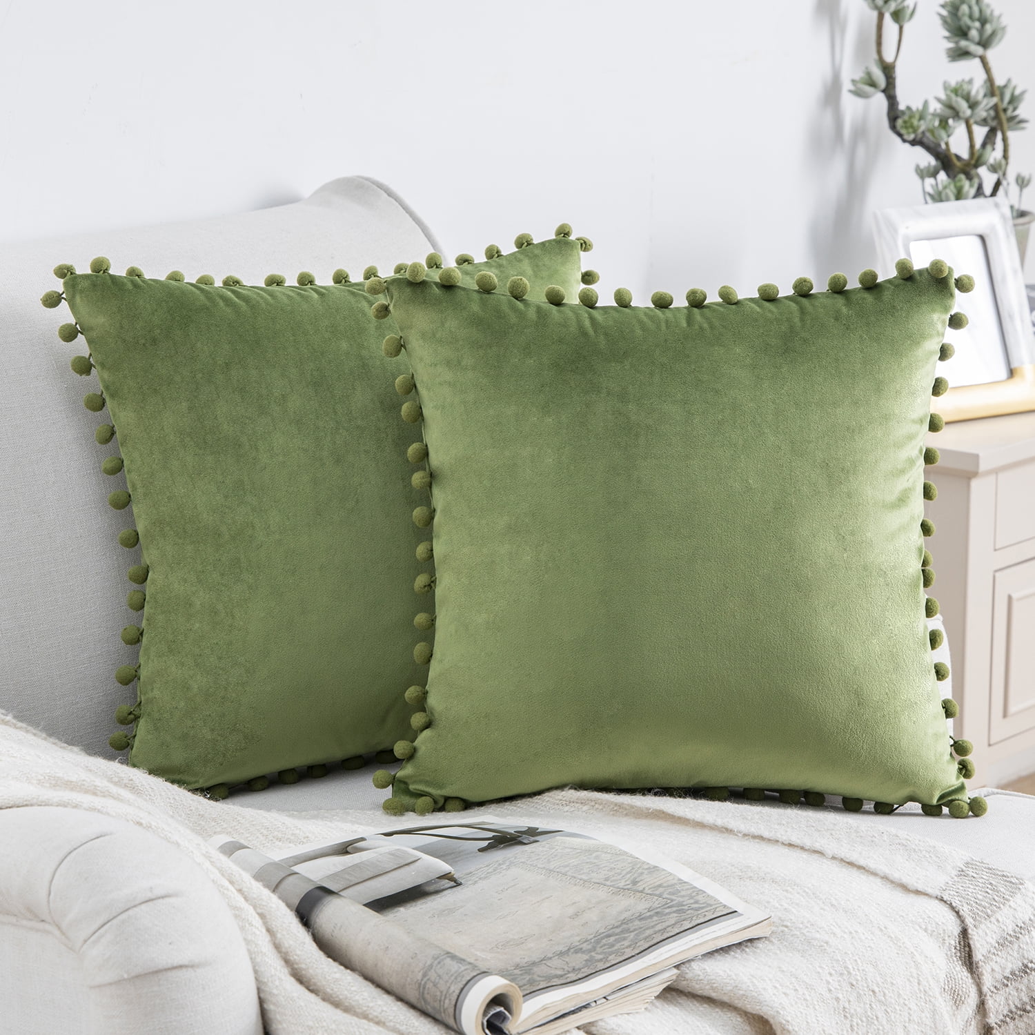 Holiday Deal Selection Phantoscope Silky Velvet Pom Pom Decorative Throw Pillow Cover for Bed and Couch, 18" x 18", Green, 2 Pack