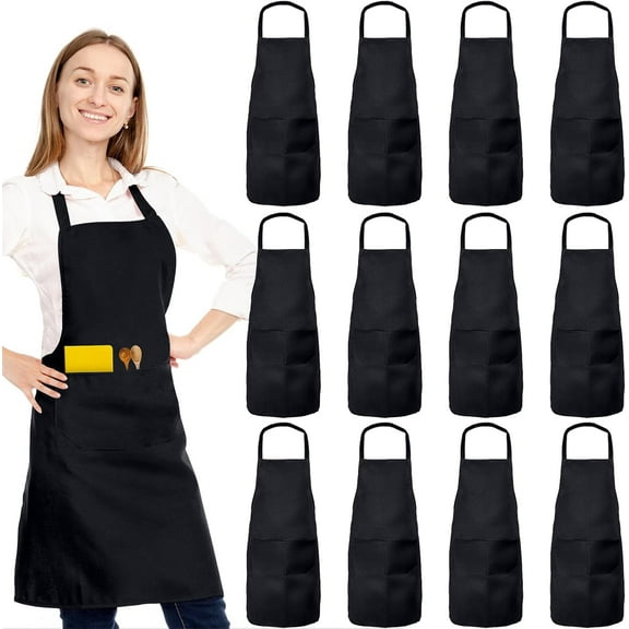 YUXNET 12 Pack Bib Apron, Unisex Restaurant Kitchen Aprons for Women with 2 Pockets, Chef Aprons for Cooking Men BBQ Painting Drawing Craft Plain Adults, Bulk Black